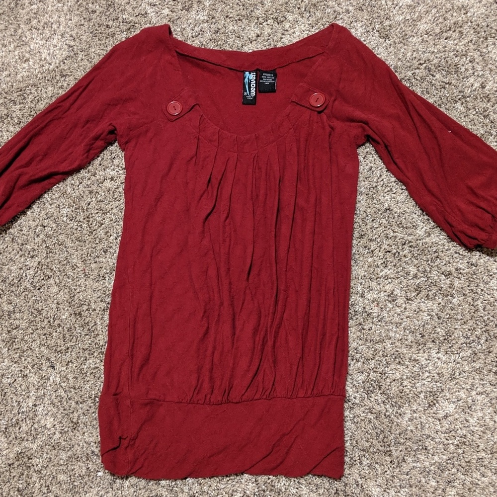 Red pleated knit top with button detail